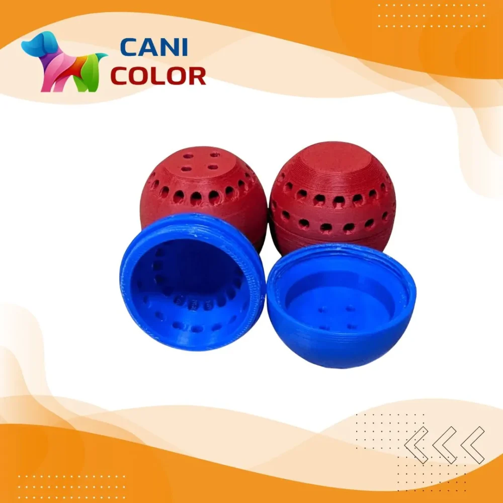 Two red and two blue dog toys with holes, arranged to show their interior and exterior designs, on a vibrant background.