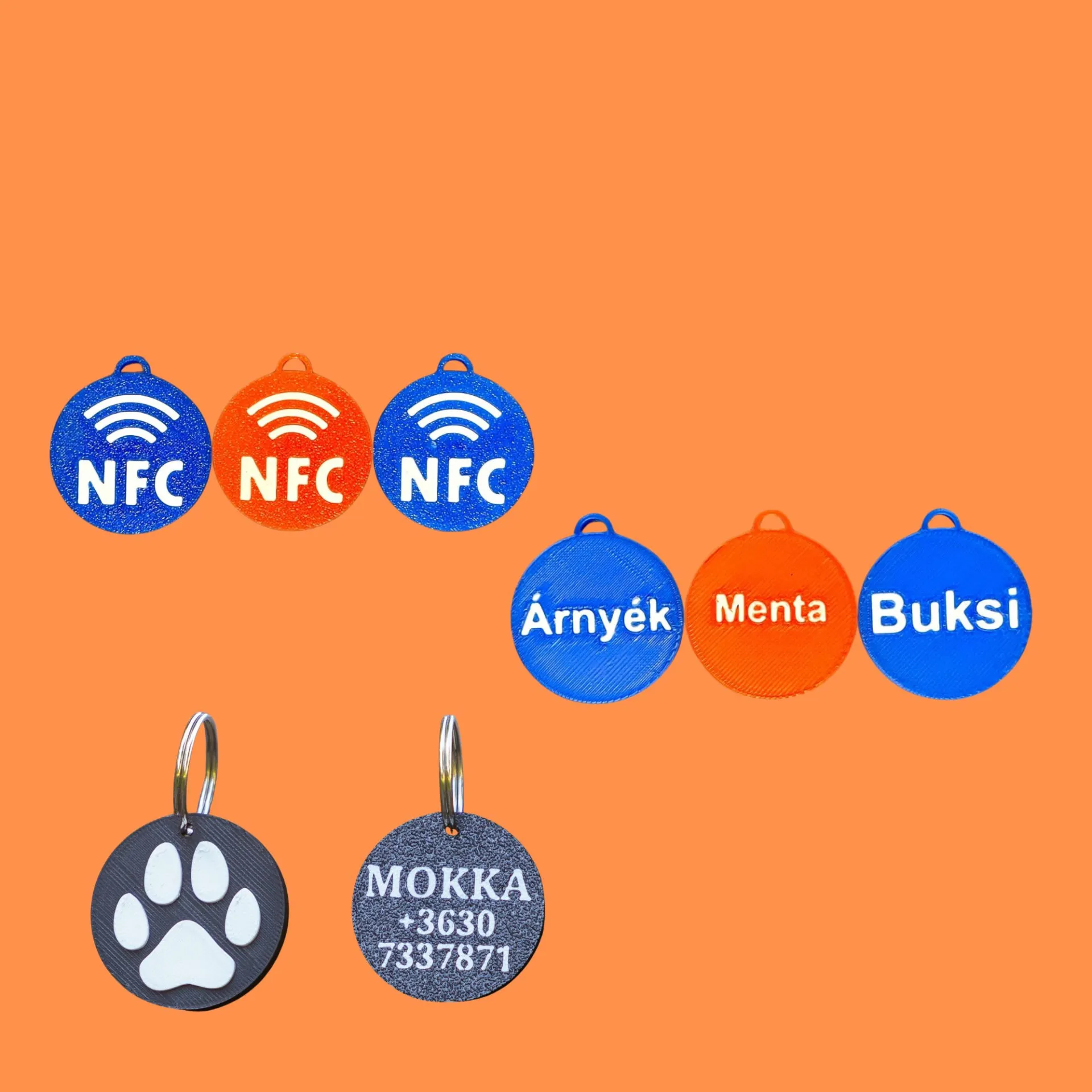 Colorful tags labeled "NFC," "Árnyék," "Menta," and "Buksi," along with a paw print tag that reads "MOKKA +3630 7337871."