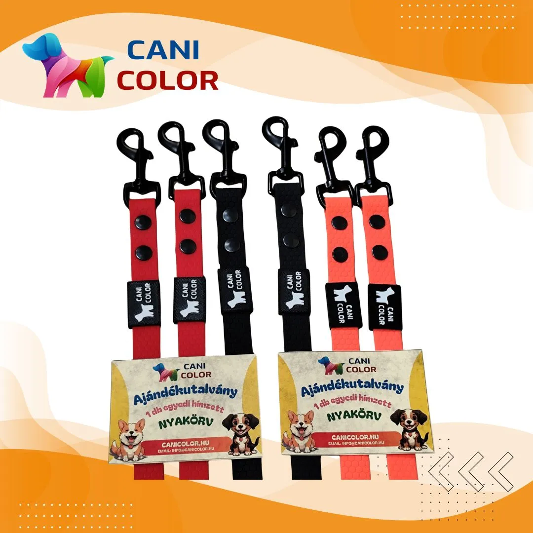 Colorful dog collars in red, black, and orange, displayed with a gift voucher, featuring the "Cani Color" logo.